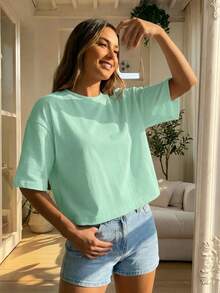 Blusa de mujer de corte holgado, cuello redondo, manga corta, casual, adecuada para primavera y verano, con estilo minimalista, elegante y sexy Y2K, apta para uso diario, oficina, hogar y exteriores, color negro - verde menta - Ver 6