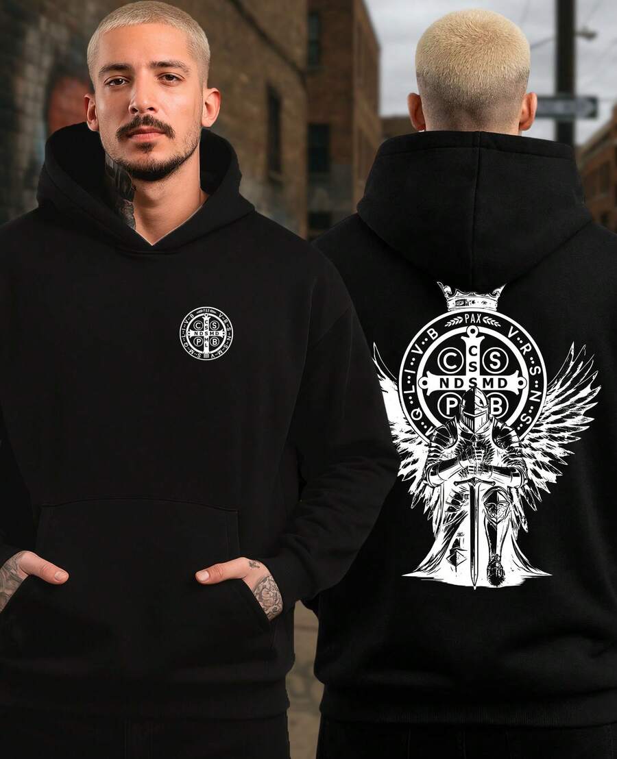 Hooded Sweatshirt With Saint Benedict Protector Medal, Catholic Religious Christian, Holy Cross, God - Black - View 1