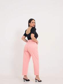Calça Feminina Sarja Mom Bolso Detalhe Elástico Funcional Barra Dobrada Estilo Clássico Básica Luxo Social Cós Alto Candy Color Confortável Dia a Dia Escritório Noite Festa Rosa Liberdade de Movimento - Rosê - Visão 6