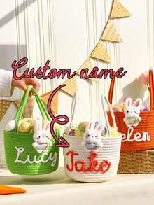 Personalized Easter Handmade Baskets, Custom-Named Bunny Baskets, Christening Gift Cotton Rope Baskets, Toy Baskets, Name Gifts Suitable For Easter. - Multicolor - View 1