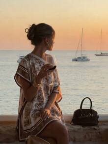 Aliao 高端露肩日落假日印花蝙蝠袖上衣，吸睛单品，新年、情人节、优雅女士、海滩装、感恩节装、毕业季、返校季、节日装扮 - 彩色 - 查看 2