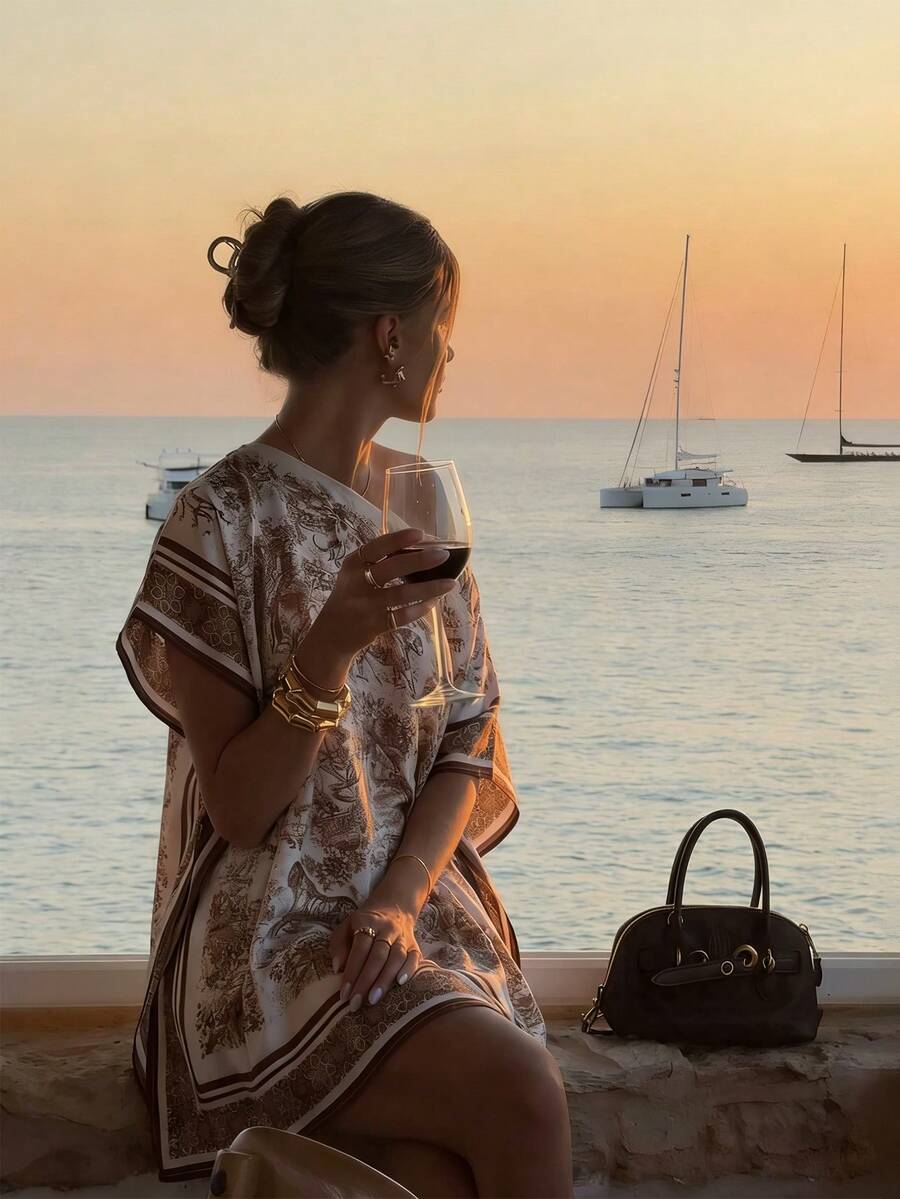 Aliao High-End Off-The-Shoulder Sunset Holiday Print Batwing Sleeve Tops, Eye-Catching Outfits, New Year, Valentine's Day, Elegant Ladies, Beach Outfit, Thanksgiving Outfit, Graduation, Back To School, Holiday Outfits - Multicolor - View 1