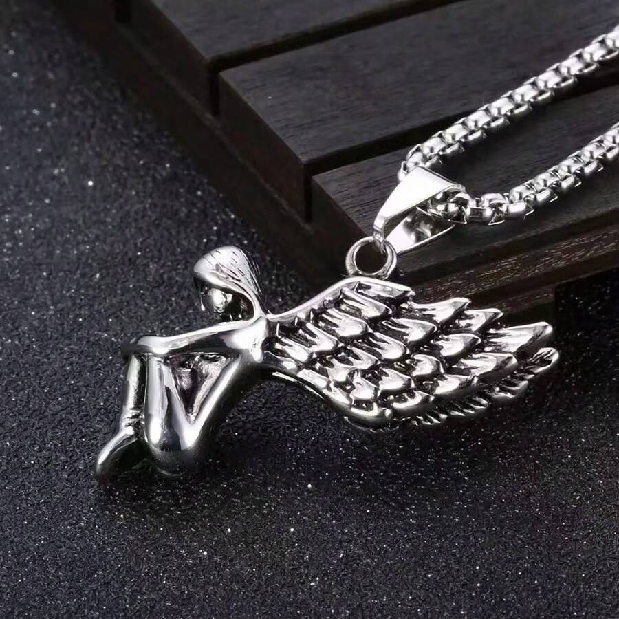 男女通用哥特风哭泣天使翅膀合金吊坠项链 - 銀色 - 查看 1