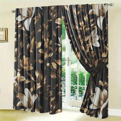 2pcs Bohemian Printed Curtains Black Gold Blackout Curtain Panels Rod Pocket Design, Polyester, Perfect For Living Room, Kitchen, Bedroom, And Dining Decor
