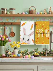 2 Pcs Cute Bunny Eating Carrot Pattern Kitchen Towels Yellow Polka Dot Easter Dish Towels Can Be Used In Kitchen Drying Hand Towels Tea Towels - Yellow - View 6