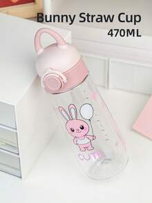 1個 470ML/560ML 可愛卡通吸管兒童杯，簡約學生水壺，可鎖定防漏耐用附手柄，適合日常使用 - 萌兔粉色 - 查看 2