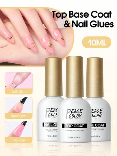 PEACECOLOR 1/2/3件装 10毫升美甲胶水和底胶/封层套装，玻璃瓶装刷涂式美甲胶水和免擦拭底胶/封层凝胶，持久耐用，适合美甲新手入门工具套装