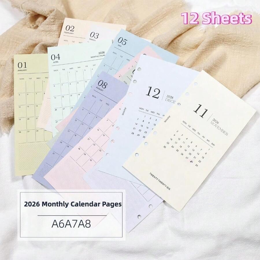 12 Sheets 2026 Monthly Calendar Planner Binder Refill Pages - A6 A7 M5 Size - Binder Inserts Habit Tracker Schedule Organizer School Supplies - 2026 Calendar Replacement Core - View 1