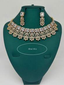 5pcs/Set Luxury European & American Style Exaggerated Ruby, Emerald, Copper Cubic Zirconia Necklace, Earrings, Open Ring, Bracelet Jewelry Set. Suitable For Banquet, Party, Bride, Wedding. Gift For Mother, Teacher, Girlfriend - Gold - View 4