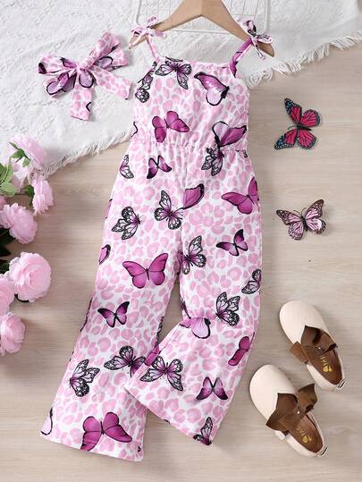 女童蝴蝶结吊带彩色蝴蝶印花收腰长款连体裤，休闲度假风，春夏款