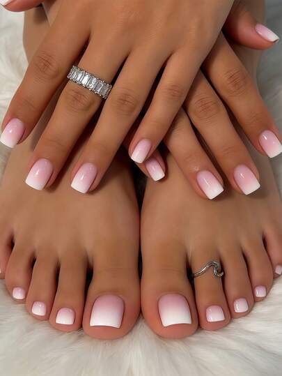 48pcs Square Minimalist White To Pink Ombre Matte False Nails, Suitable For Fingers And Toes DIY Solid Color Wear, Suitable For Ladies And Girls For Date And Daily Use, Removable Nail Sticker Set