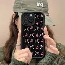 Funda para teléfono con estampado de lazo de cereza, compatible con fundas ,  17,  16 Pro Max,  15 Pro Max,  13 y  12. Fabricada en TPU, engrosada, finamente perforada, simple, resistente a caídas y resistente. Un regalo perfecto para familiares, amigos, seres queridos, novios/novias, y para festividades y aniversarios. - Negro - Ver 3