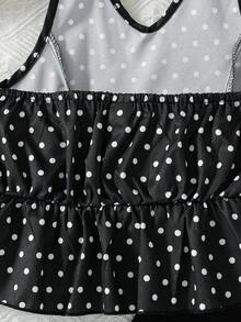 Conjunto de 2 piezas de top sin mangas con estampado de lunares y pantalones acampanados de unicolor para niñas, estilo casual para primavera/verano - Negro - Ver 7