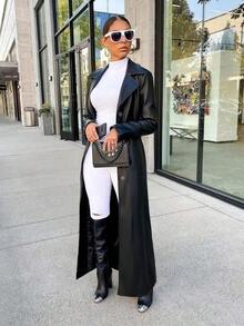 European And American Women Autumn/Winter New PU Leather Cardigan, Button Front Long Sleeve Warm Long Coat - 黑色 - 查看 1