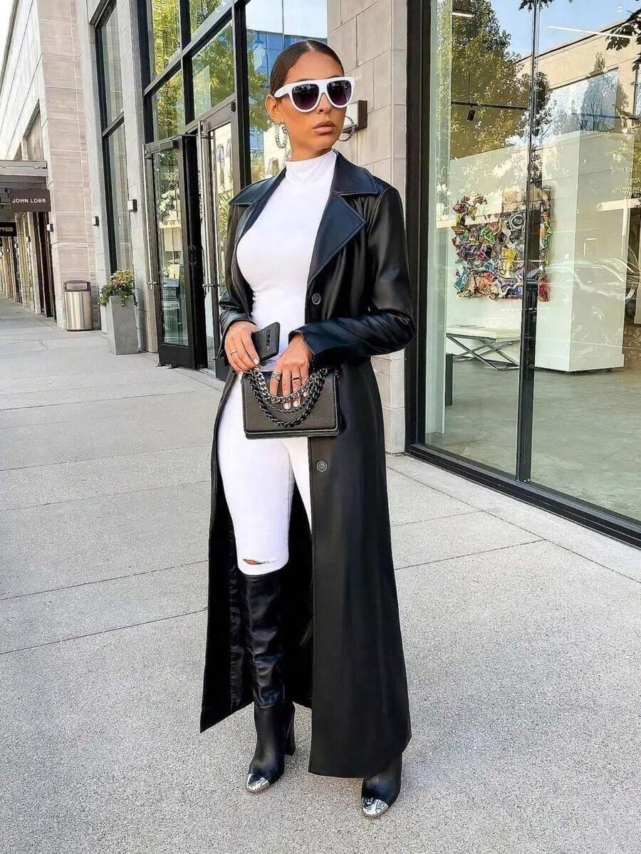 European And American Women Autumn/Winter New PU Leather Cardigan, Button Front Long Sleeve Warm Long Coat - 黑色 - 查看 1