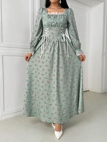 Elegant Apricot A-Line Cinched Waist Flare Sleeve Dress Maxi Satin Women Outfit Fall Cloth For Women, Spring /Summer - Multicolor - View 5