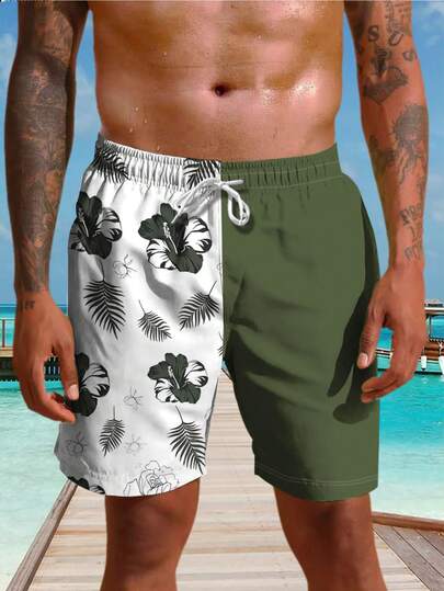 Men's Swimming Trunks, Hawaii Resort Style White & Green Patchwork 3D Printed Drawstring Casual Outdoor Beach Shorts