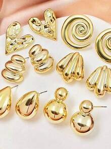Set de 12 pendientes de tono dorado, elegantes y de moda, adecuados para uso diario, fiestas y eventos - Dorado - Ver 3