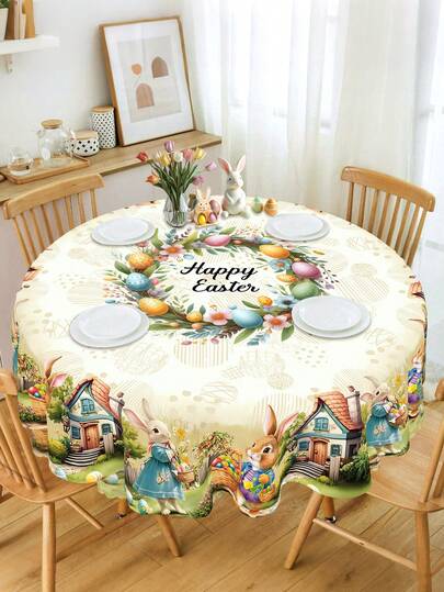 1件装复活节快乐装饰桌布，水彩兔子、彩蛋和农舍图案，涤纶材质，圆形和长方形可选，家居装饰桌旗，复活节装饰品，复活节餐桌布，适用于家庭厨房餐厅装饰、春季家居厨房装饰、餐桌装饰、野餐装饰、复活节派对用品、派对礼物、复活节礼物