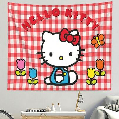  1PC Hello Kitty, Sanrio Kawaii, Red Checkered Printed Tapestry, Cute Poster Wall Hanging Art Decoration, Aesthetic Background Cloth