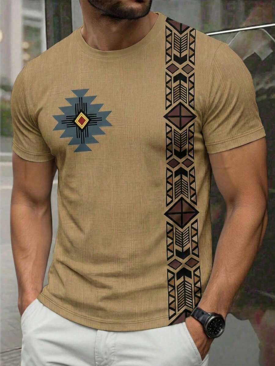 Men's Fashion Versatile Printed Crew Neck Short Sleeve T-Shirt, Summer - Multicolor - View 1