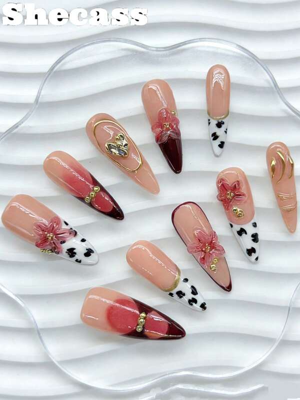 10 piezas de uñas postizas de estileto hechas a mano, uñas largas, uñas de colores, uñas francesas, decoración de uñas con flores y estampado de leopardo 3D, con 3 piezas de herramientas de arte de uñas, pegamento para uñas, suministros para uñas, uñas postizas acrílicas para mujeres y niñas para fiestas, viajes, escuela diaria, verano, vacaciones, festivales de música