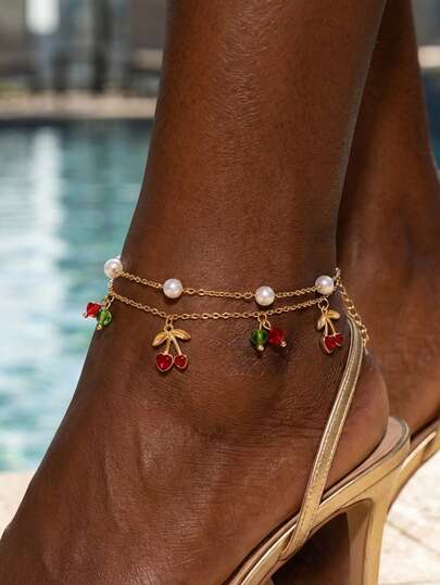 1pc Stainless Steel Double Layer Cherry Blossom & Pearl Beaded Anklet, Sweet 18K Gold Plated, Non-Fading Foot Jewelry