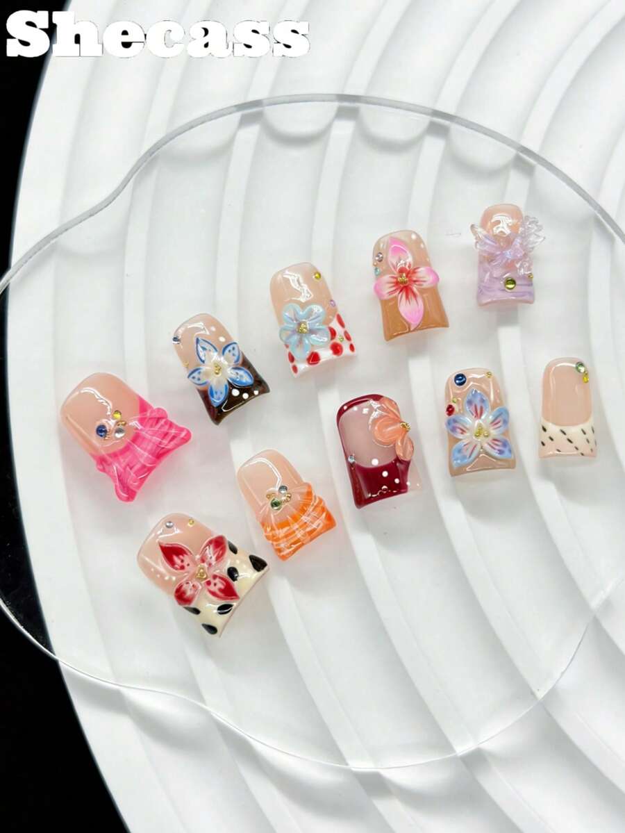 10片手工制作的鸭子造型美甲贴片，3D立体Y2K豹纹法式波点贝壳图案，适合海滩度假、秋季美甲等场合，附赠3件美甲工具和指甲胶水，适合女性和女孩参加派对、旅行、日常上学、夏季美甲、音乐节等活动。 - 彩色 - 查看 1