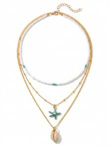 1件夏季度假时尚海洋沙滩风可叠戴编织串珠海星吊坠项链，绝佳礼物之选 - 彩色 - 查看 7