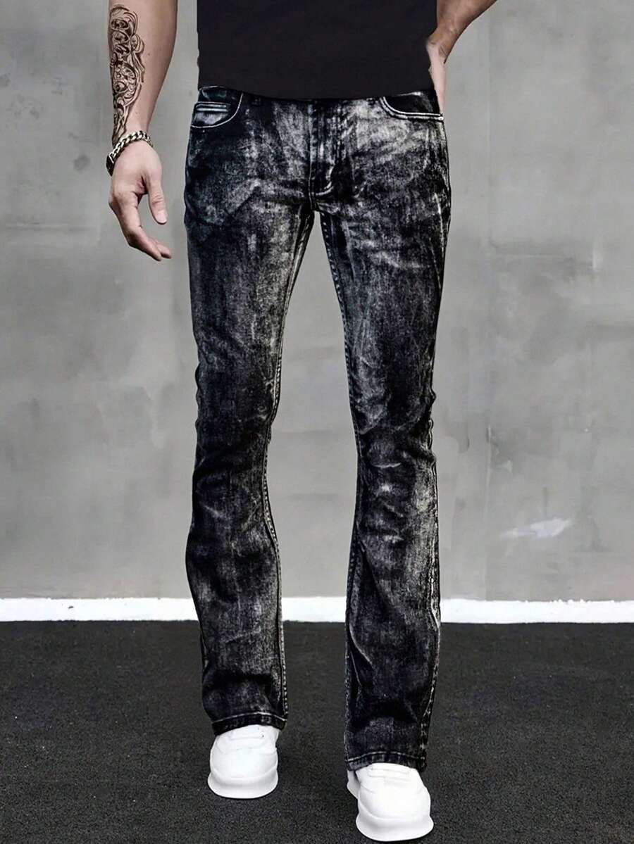 YANGCANREN Men's Slim Fit Flared Stretch Denim Jeans - Dark Grey - View 1