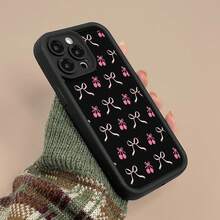 Funda para teléfono con estampado de lazo de cereza, compatible con fundas ,  17,  16 Pro Max,  15 Pro Max,  13 y  12. Fabricada en TPU, engrosada, finamente perforada, simple, resistente a caídas y resistente. Un regalo perfecto para familiares, amigos, seres queridos, novios/novias, y para festividades y aniversarios. - Negro - Ver 5