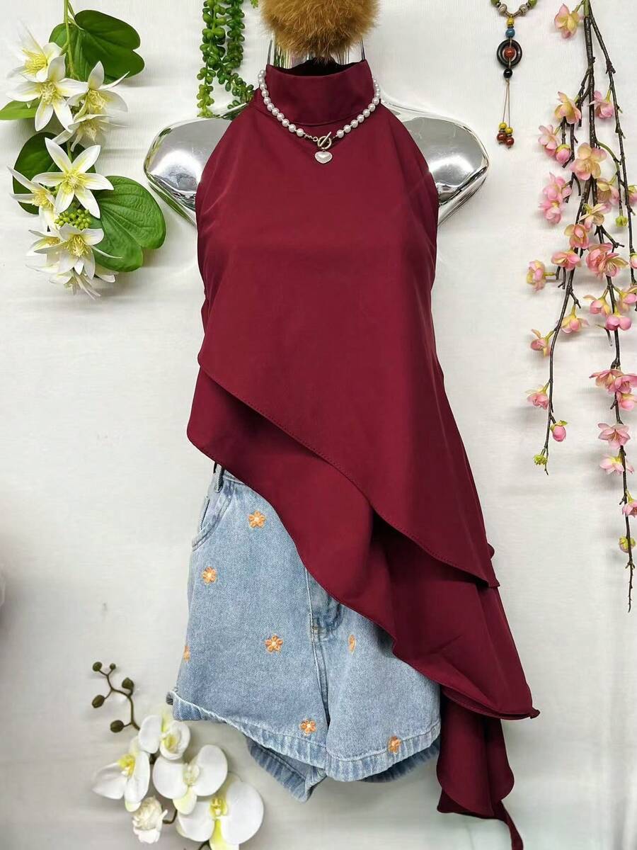 T124 White Sleeveless Turtleneck Blouse, Elegant Asymmetrical Ruffle Design - Burgundy - View 1