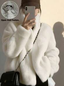 秋冬新款时尚优雅女士简约立领通勤修身仿皮草外套，女士短款貂皮大衣 白色度假风 - 白色 - 查看 1