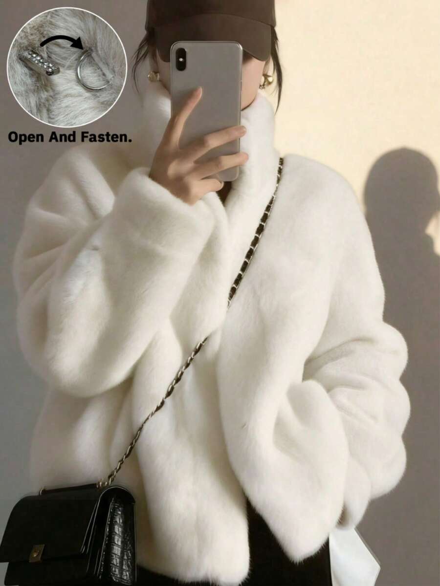 秋冬新款时尚优雅女士简约立领通勤修身仿皮草外套，女士短款貂皮大衣 白色度假风 - 白色 - 查看 1