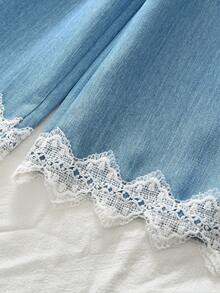 Summer Light Blue Girls 2 Pieces Set, Denim Effect Vest And Lace Trim Pants, Casual Outfit - Blue - View 10