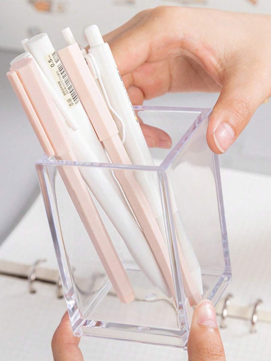 1/2 piezas Soporte acrílico para bolígrafos, organizador de escritorio transparente, taza de bolígrafos cuadrada linda y femenina, caja de almacenamiento de papelería para estudiantes, adecuada para brochas de maquillaje, delineadores, lápices labiales, sombras de ojos, etc. - Ligero y fácil de usar - Multicolor - Ver 1