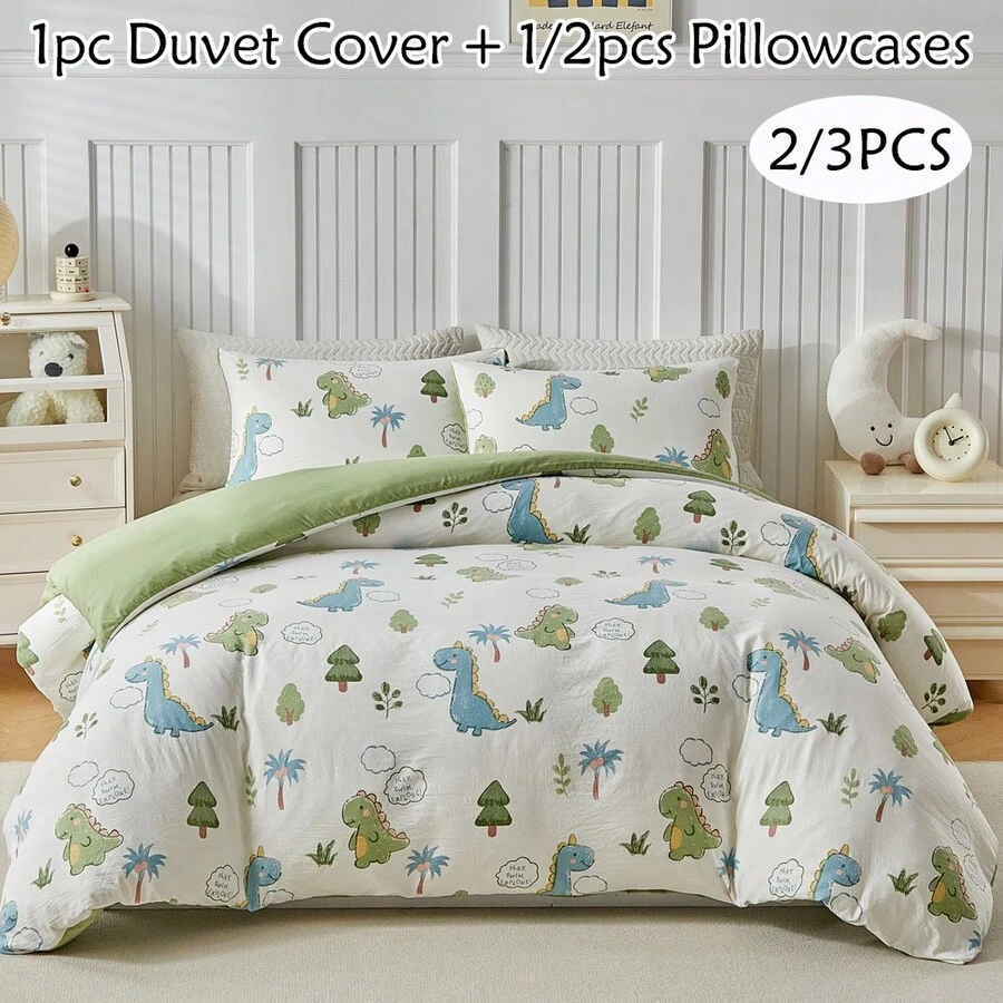 Bộ ga trải giường họa tiết khủng long xanh lá cây 2/3 món, bộ chăn ga gối bằng polyester hình hoạt hình dễ thương, phù hợp cho mọi mùa, mềm mại và thoáng khí, có thể giặt máy, quà tặng cho bé trai, bé gái, trẻ em (1 chăn + 1/2 vỏ gối, không kèm ruột chăn)