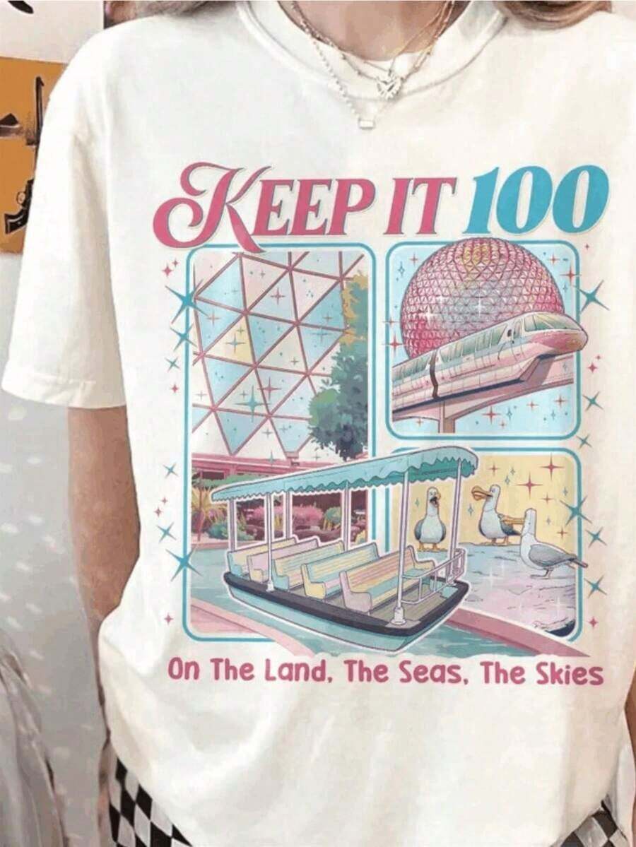 Keep It 100 T Shirt The Land The Seas The Skies WDW Tshirt Retro Magic Kingdom Theme Park Tee WDW Family Trip Gift,Women's Graphic Round Neck Short Sleeve Tee, Casual Daily Tops, St. Patrick's Day Easter Holiday Outfits - 白色 - 查看 1