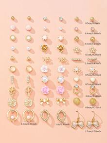 30对可爱花朵、蝴蝶结、仿珍珠和水钻耳钉套装，百搭日常、休闲、派对、节日礼物 - 彩色 - 查看 6