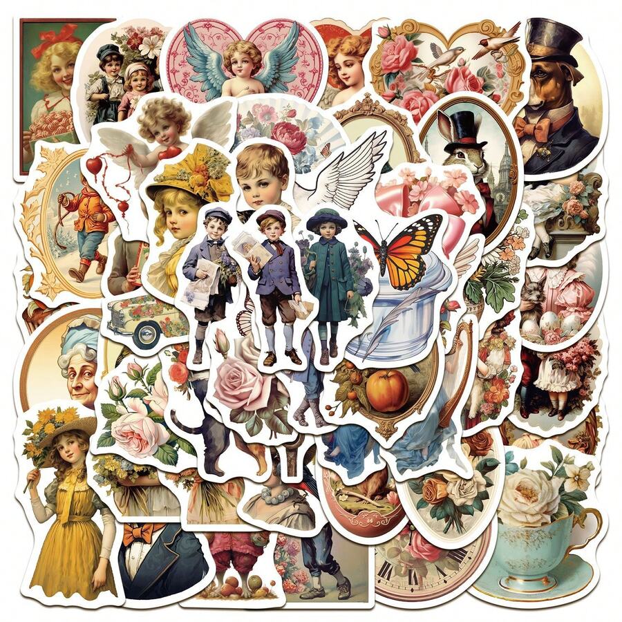 50张/套 复古维多利亚时代贴纸，怀旧风格，印有励志名言，色彩鲜艳，适用于水瓶、滑板、日记本、剪贴簿、派对用品，涂鸦风格，趣味贴纸 - A - 查看 1