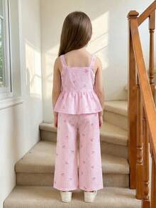 2pcs/Set Young Girls Summer Casual Patchwork Ruffle Hem Sleeveless Camisole And Long Pants Set, Suitable For Outing, Party And Daily Wear - Multicolor - View 2