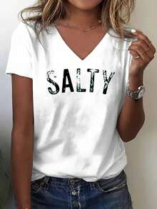 Women's Casual V-Neck T-Shirt With SALTY Pattern Print - White Short Sleeve Standard Fit Top, Suitable For Daily Wear, Outings, And Gifts - Machine Washable - 白色 - 查看 1