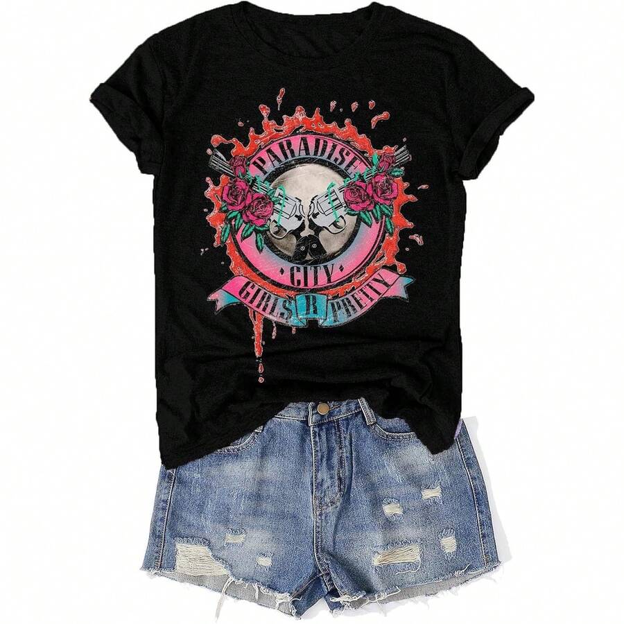Vintage Band Shirt For Women Retro Rock And Roll Graphic Tee Country Music Concert T Shirt Casual Short Sleeve Tops - 黑色4 - 查看 1