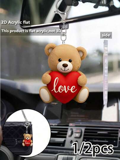 2d Flat Teddy Bear Keychain With Red Heart | Cute Couple Bear Key Ring With Metal Keyring | Romantic Matching Keychain For Couples, His & Hers Gift | Car Mirror Charm, Backpack & Bag Charm, Purse Accessory | Lightweight Decorative Key Holder | Perfect Valentine'S Day, Anniversary, Couple Gift For Boyfriend, Girlfriend, Husband, Wife, Mother'S Day, Birthday, Cute Bear Car Accessories
