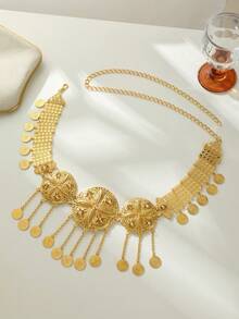 1件金色锌合金圆形腰链新娘腰带，饰有流苏、硬币和图案，镶嵌钻石。情人节配饰 - 金色 - 查看 8