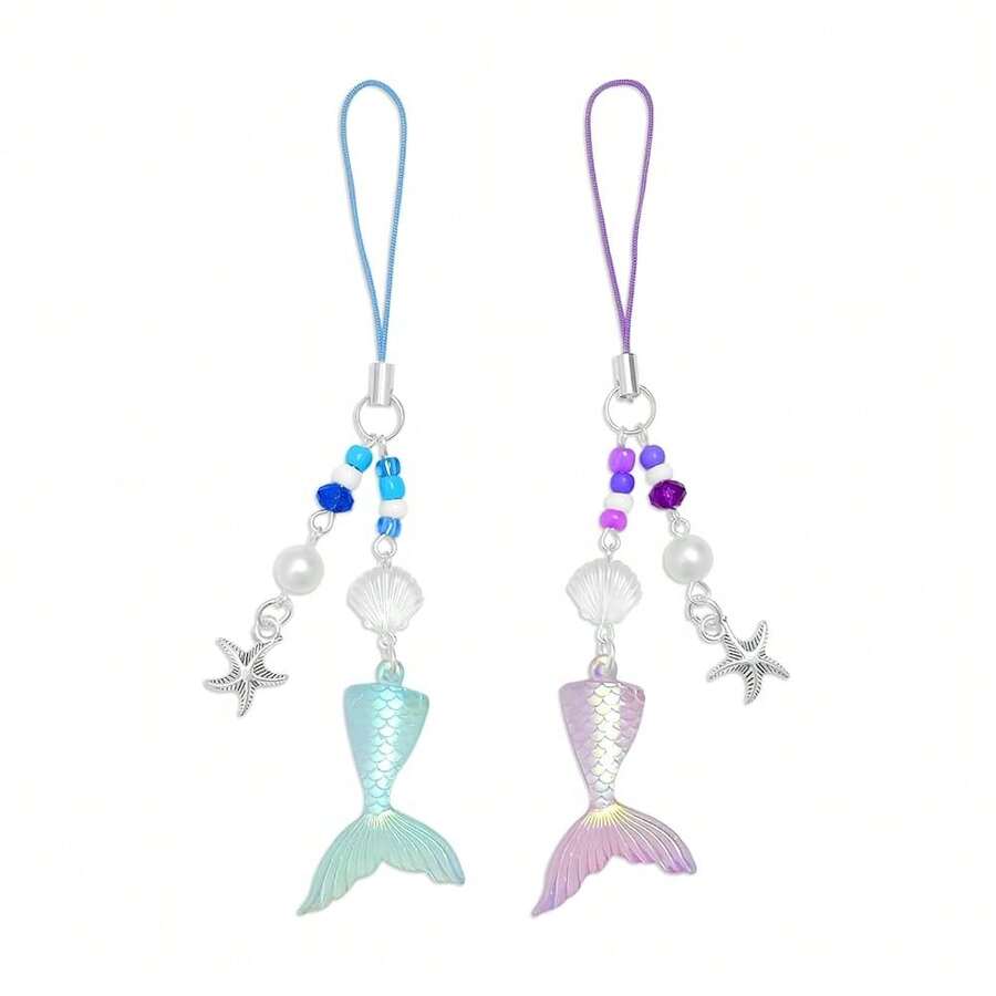 Y2K Cute Phone Charms Set - Aesthetic Cherry,Flower, Butterfly & Star Cell Phone Straps, Kawaii PhoneAccessories For Bag Keychain, , Camera Decor - 粉紅藍美人魚 - 查看 1