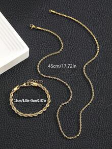 2件套经典金色不锈钢项链和手链，儿童首饰配饰，街头时尚首饰 - 金色 - 查看 4