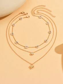 3pcs/Set Fashionable Gold Chain Necklace With Crystal Heart Pendant, Versatile Jewelry For Daily Wear, Dates, Parties, Music Festivals - Golden - View 2