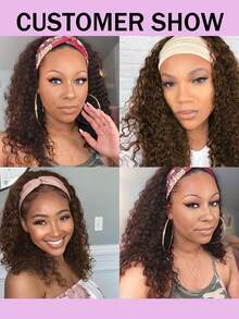 棕色发带波波头真人发假发，蓬松卷曲真人发假发，180%密度，无胶真人发波波头假发，机织无蕾丝，即戴即走，发带假发 #4 - S4 - 查看 5