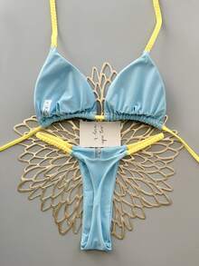 女士夏季沙滩撞色露背系带性感比基尼泳衣套装 - 淺藍色 - 查看 4